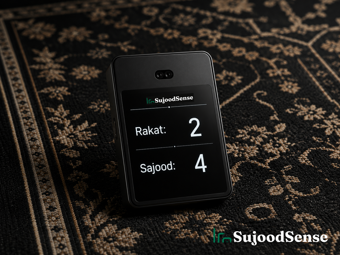 SujoodSense device on a prayer mat, showing the display glowing softly