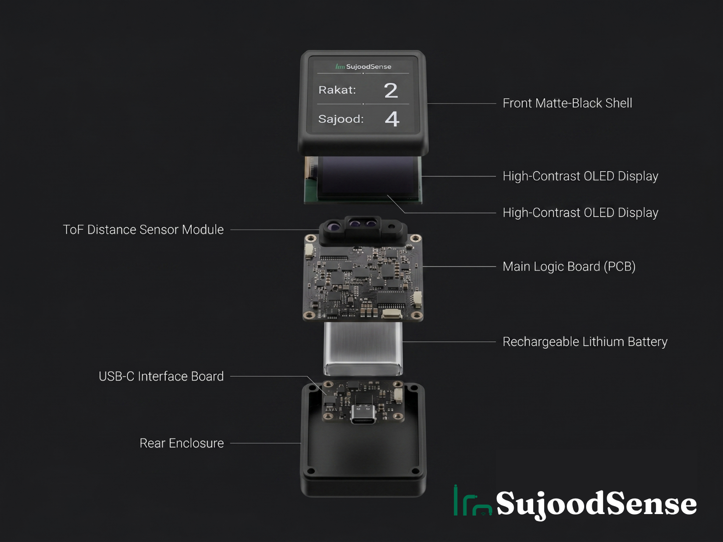 Top-down photo of the SujoodSense PCB, showing the layout of components